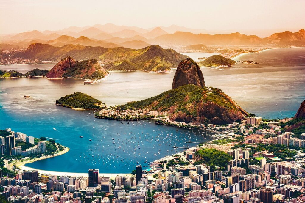 rio de janeiro, brazil, city, urban, tourism, coastline, vacation, nature, cityscape, mountains, sunrise, buildings, bay, harbor, water
